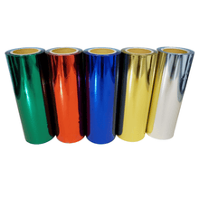 Load image into Gallery viewer, Six metallic foil rolls in green, orange, blue, yellow, black, and silver, arranged in a row against a plain white background.